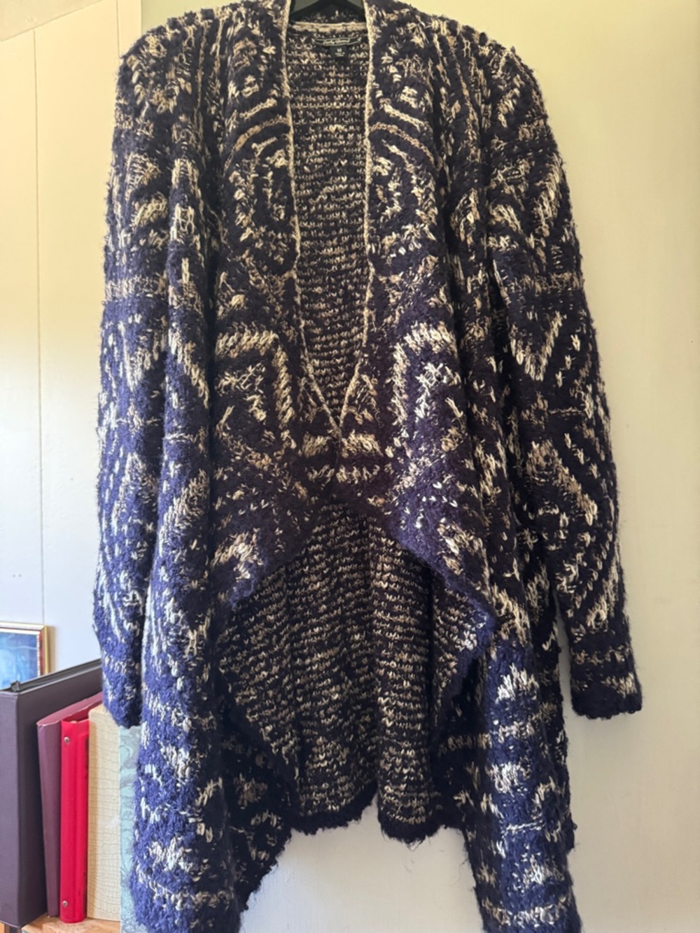 Lucky Brand Drape Long Open Cardigan featuring an intricate geometric pattern